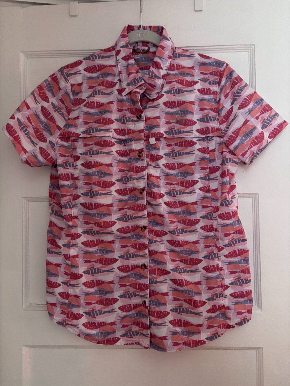 L.L. Bean Women's Tropicwear Short-Sleeve Pink Fish Shirt, Size M Reg